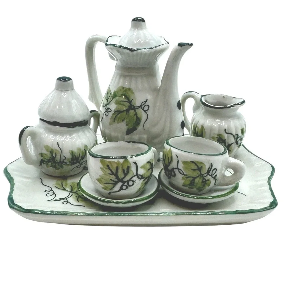 Miniature Ceramic Tea Set Green Grape Vine Hand Painted 10 Piece Set with Tray